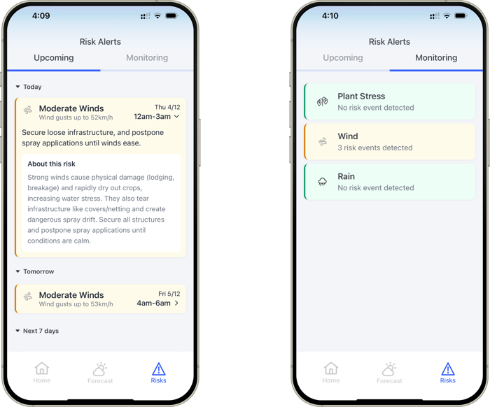 GrowPilot app showing crop risk alerts for a farm