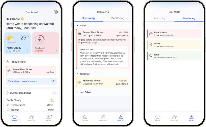 GrowPilot app showing risk alerts for your farm