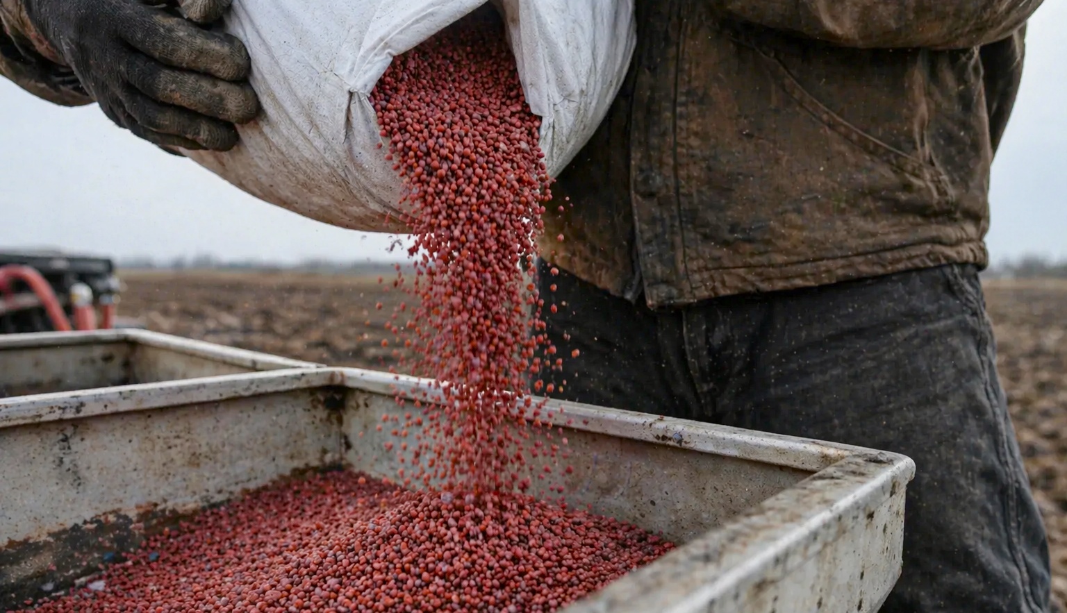 farmer pouring fertilizer