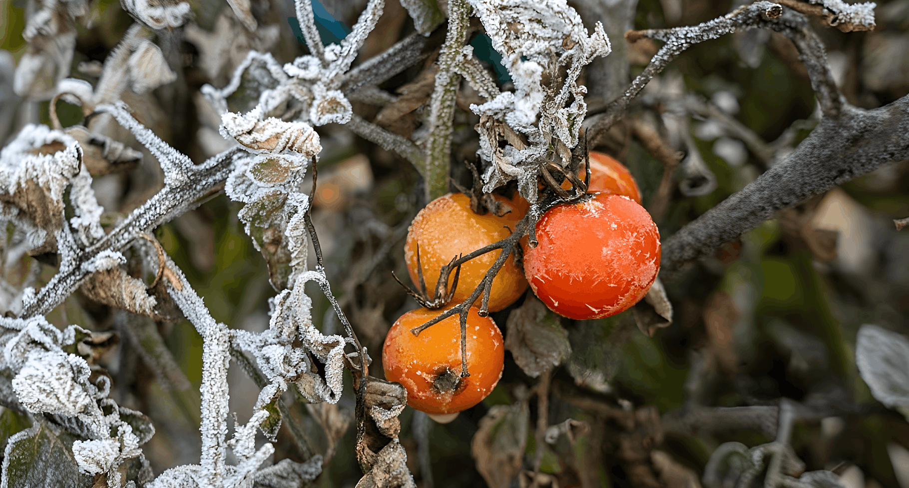 Frost ice crystals on tomato vine crops